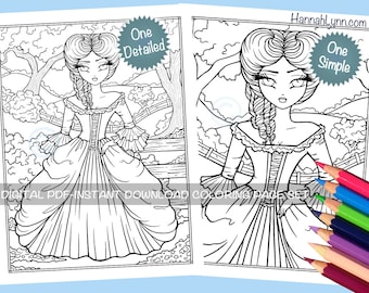 Loretta Southern Belle 1800's Girl Coloring Page Set Cute Whimsy Girls Historical Character Line Art PDF Download Printable Hannah Lynn
