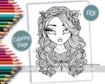 Arabelle Mermaid Coloring Page Line Art PDF Download Printable Big Eye Hand Drawn Whimsy Girls Art Hannah Lynn