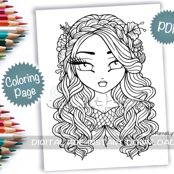 Arabelle Mermaid Coloring Page Line Art PDF Download Printable Big Eye Hand Drawn Whimsy Girls Art Hannah Lynn