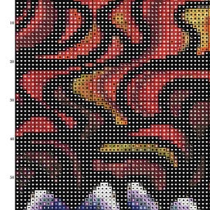May include: A cross-stitch pattern featuring a stylized image of a goddess, with the text "Goddess of Fire" at the top. The design uses a variety of colors, including red, orange, black, and purple, creating a detailed and intricate pattern.