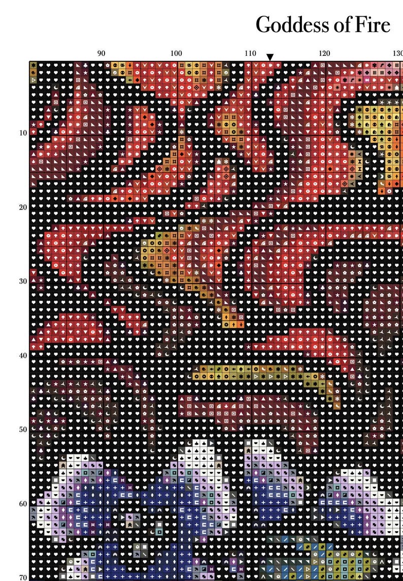 May include: A cross-stitch pattern featuring a stylized image of a goddess, with the text "Goddess of Fire" at the top. The design uses a variety of colors, including red, orange, black, and purple, creating a detailed and intricate pattern.