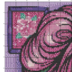May include: A cross-stitch pattern featuring a detailed design in shades of pink, purple, and black. The pattern includes a framed image and a floral element, with the text "MINI Crafty Girl" at the top.