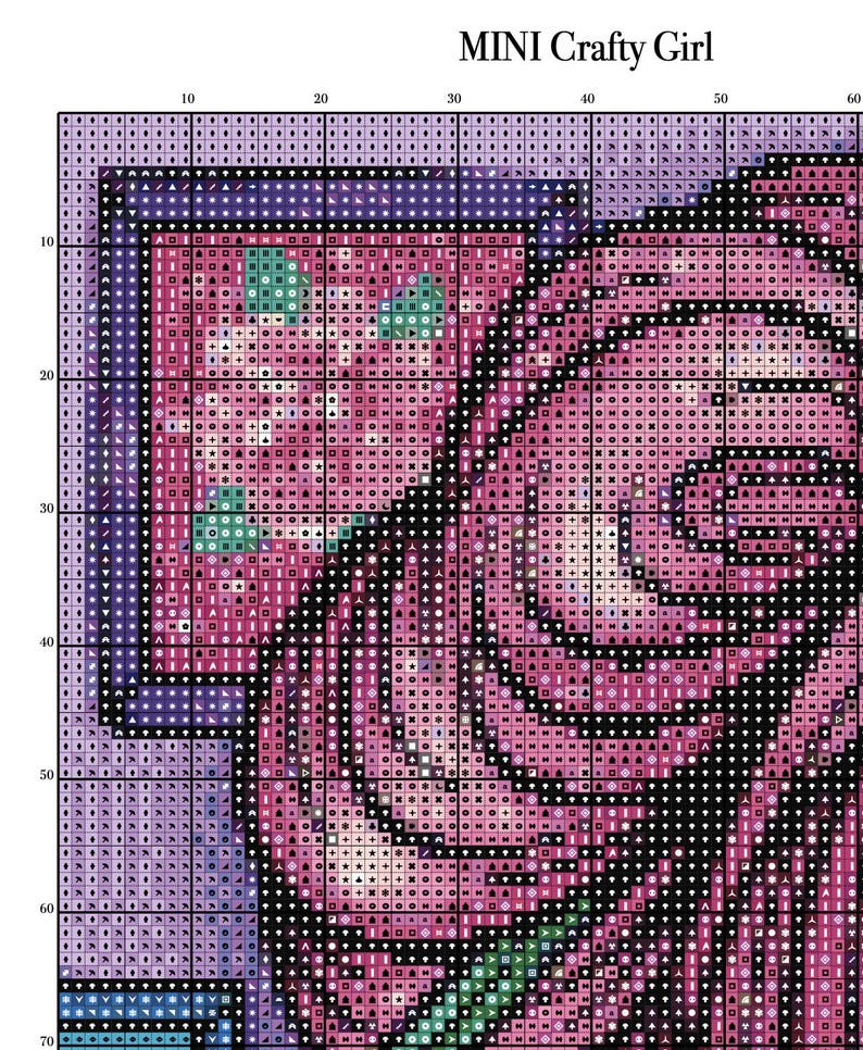 May include: A cross-stitch pattern featuring a detailed design in shades of pink, purple, and black. The pattern includes a framed image and a floral element, with the text "MINI Crafty Girl" at the top.
