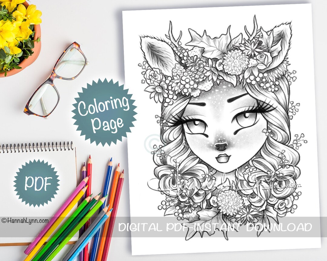 Grayscale Darling Deer Girl Coloring Page PDF Download Printable Big Eye Hand Drawn Whimsy Girls ...