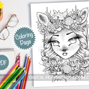 Grayscale Darling Deer Girl Coloring Page PDF Download Printable Big Eye Hand Drawn Whimsy Girls Woodland Animal Art Hannah Lynn