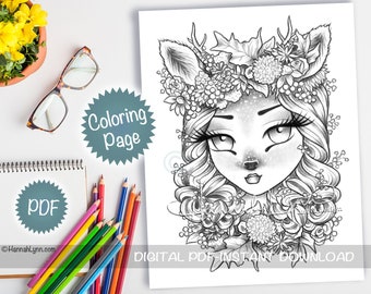 Grayscale Darling Deer Girl Coloring Page PDF Download Printable Big Eye Hand Drawn Whimsy Girls Woodland Animal Art Hannah Lynn