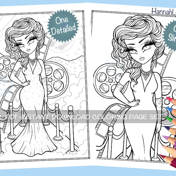 Hollywood Glam 50's Girl Retro Film Coloring Page Set Cute Whimsy Girls Historical Character Line Art PDF Download Printable Hannah Lynn