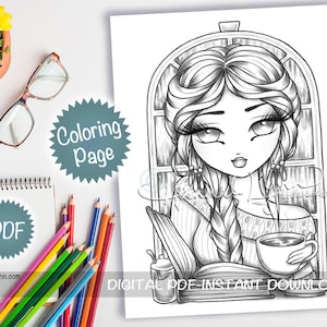 Grayscale Cafe Cutie Coffee Girl Coloring Page PDF Download Printable Big Eye Hand Drawn Whimsy Girls Art Hannah Lynn
