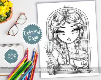 Grayscale Cafe Cutie Coffee Girl Coloring Page PDF Download Printable Big Eye Hand Drawn Whimsy Girls Art Hannah Lynn