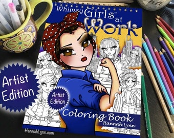 Wire Bound Whimsy Girls at Work Artist Edition Spiral Coloring Book Adult Kids Working Career Girls Art Hannah Lynn for Markers Pencils