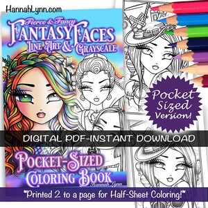 May include: Digital download of a coloring book featuring fantasy faces. The cover shows three colorful illustrations of women with intricate details. The title of the book is "Fantasy Faces: Fine Art & Grayscale". The text "Pocket Sized Version!" is also included on the cover.