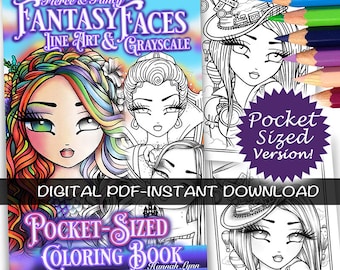 PDF DIGITAL Fierce & Fancy POCKET Sized Fantasy Faces Line Art and Grayscale Coloring Book Hannah Lynn Printable Coloring Pages Download