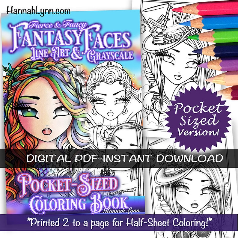 May include: Digital download of a coloring book featuring fantasy faces. The cover shows three colorful illustrations of women with intricate details. The title of the book is "Fantasy Faces: Fine Art & Grayscale". The text "Pocket Sized Version!" is also included on the cover.