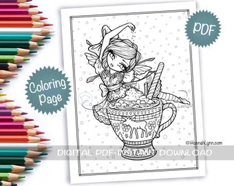 Hot Cocoa Fairy Christmas Girl Coloring Page PDF Download Winter Chocolate Printable Big Eye Hand Drawn Whimsy Girls Line Art Hannah Lynn