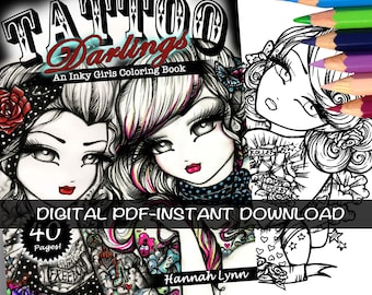 PDF DIGITAL Printable Coloring Book All Ages TATTOO Darlings Girls Mermaid Fairy Art by Hannah Lynn