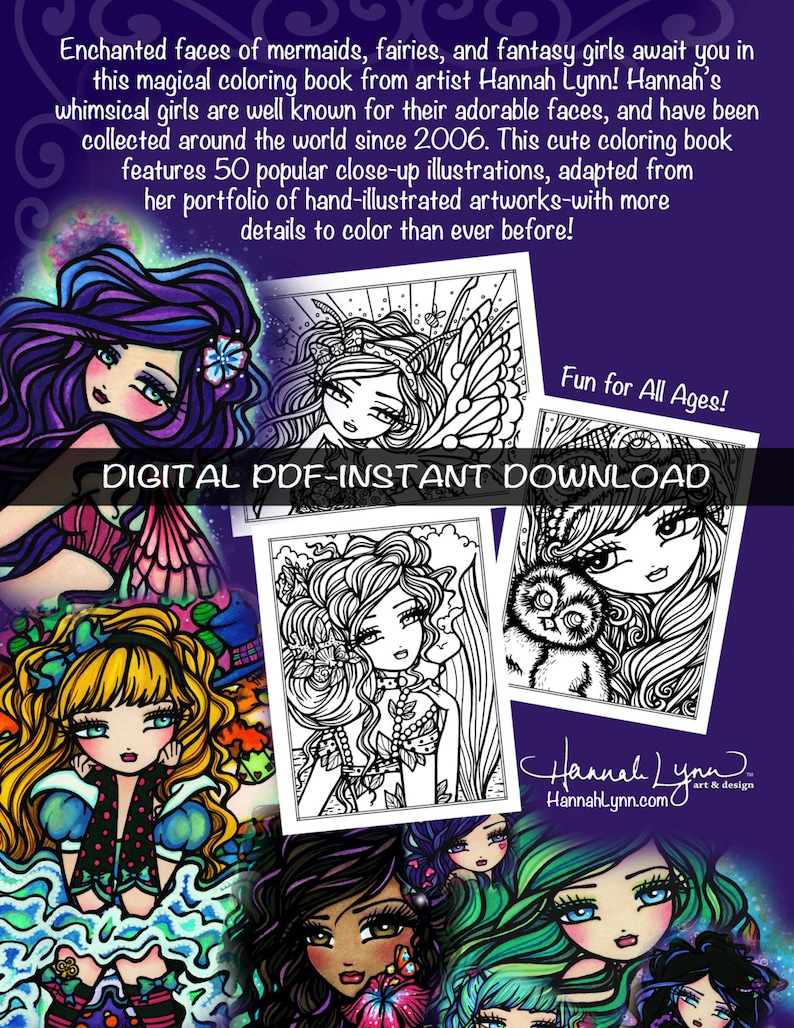Enchanted Faces Printable Coloring Book Enchanted Faces All Ages Fantasy Mermaid Fairy Easy Simple Line Art Large Print by Hannah Lynn image 2