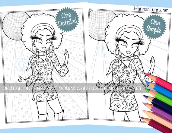 Disco Diana Gogo Boots Coloring Page Set Cute 70's Big Eye Whimsy Girls  Historical Character Line Art PDF Download Printable Hannah Lynn 