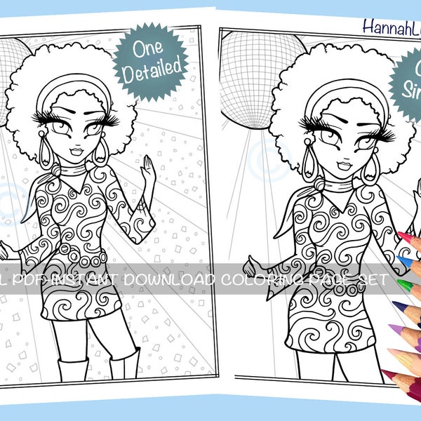 Disco Diana GoGo Boots Coloring Page Set Cute 70's Big Eye Whimsy Girls Historical Character Line Art PDF Download Printable Hannah Lynn