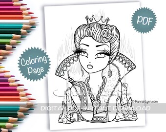Queen of Fire Royal Crown Girl Coloring Page PDF Download Printable Big Eye Hand Drawn Whimsy Girls Art Hannah Lynn