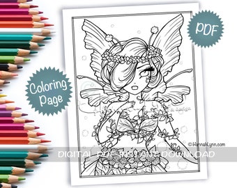Faye Flower Fairy Coloring Page Cute Whimsy Girls Mythical Maidens Fantasy Character Line Art PDF Download Printable Hannah Lynn