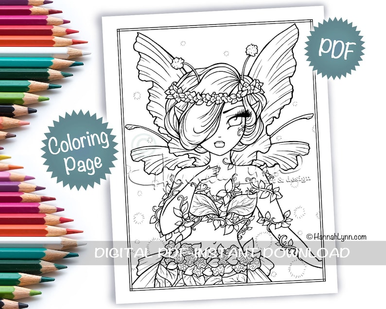 Puede incluir: Una p&aacute;gina para colorear en blanco y negro con una hada con alas de mariposa y detalles florales. El hada lleva una corona de flores y est&aacute; rodeada de hojas y flores.