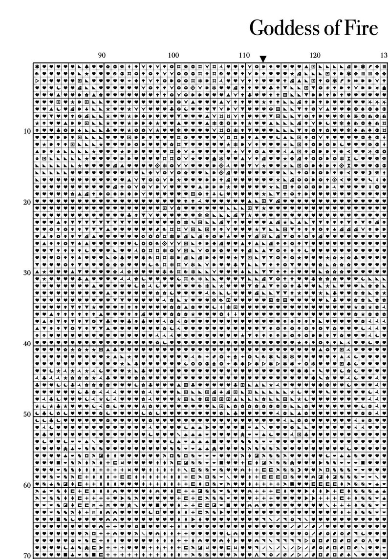 May include: A cross-stitch pattern chart titled "Goddess of Fire." The chart is a grid of small squares, each containing a symbol. The symbols are in black and include hearts, stars, and geometric shapes. The chart is designed for needlecraft.