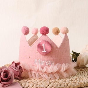 Corona di compleanno per bambini ricamata colorata con nome personalizzato, cappello di compleanno per bambini, corona in tessuto, cappello da festa, accessorio per torta Smash, vestito di compleanno