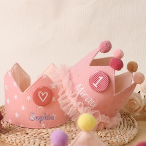 Corona di compleanno per bambini ricamata e colorata con nome personalizzato, cappello di compleanno per bambini, corona in tessuto, cappello da festa personalizzato, accessorio per torta Smash, vestito di compleanno