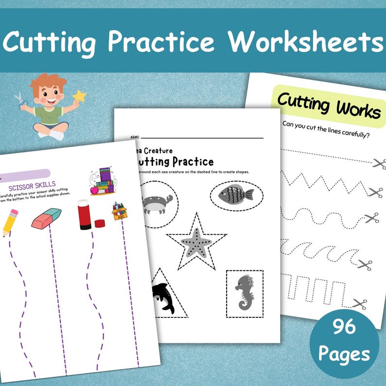 May include: A set of children's cutting practice worksheets with the title "Cutting Practice Worksheets". The worksheets feature various shapes and lines for cutting practice, along with illustrations of sea creatures and school supplies. The worksheets are designed to help children develop scissor skills.