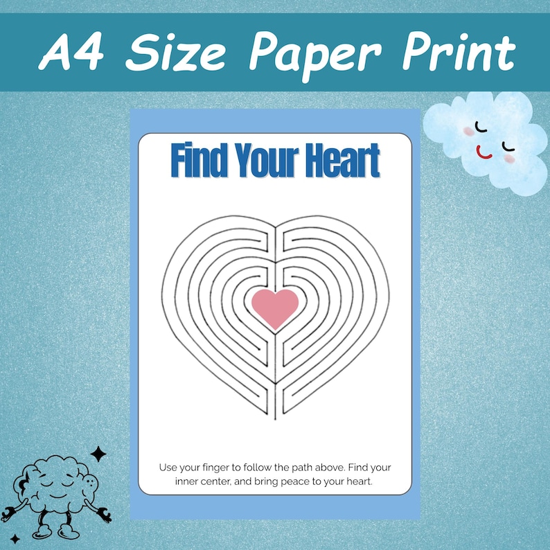 K&ouml;nnte beinhalten: A4-Papierdruck mit einem herzf&ouml;rmigen Labyrinth-Design und einem rosa Herzen in der Mitte. Der Text "Find Your Heart" steht oben. Der Text unten lautet: "Verwenden Sie Ihren Finger, um dem Pfad oben zu folgen. Finden Sie Ihr inneres Zentrum und bringen Sie Frieden in Ihr Herz."