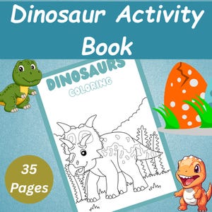 Może przedstawiać: Książka z aktywnościami o dinozaurach z tekstem "Dinosaur Activity Book" i "Dinosaurs Coloring". Okładka przedstawia czarno-białą ilustrację Triceratopsa. Zawiera 35 stron. Tło stanowią dinozaury z kresk&oacute;wek.