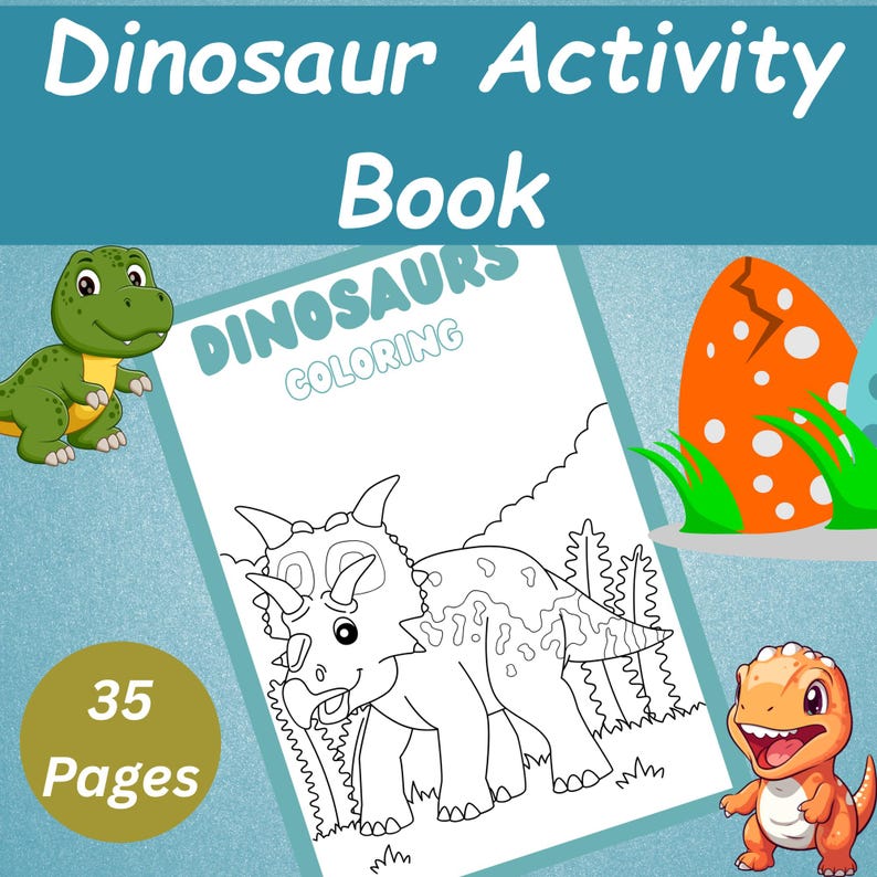 Może przedstawiać: Książka z aktywnościami o dinozaurach z tekstem "Dinosaur Activity Book" i "Dinosaurs Coloring". Okładka przedstawia czarno-białą ilustrację Triceratopsa. Zawiera 35 stron. Tło stanowią dinozaury z kresk&oacute;wek.