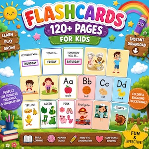 Paquete de tarjetas didácticas preescolares / Tarjetas de aprendizaje Montessori para niños pequeños / Tarjetas didácticas de alfabeto y fonética, animales, formas y colores (PDF)