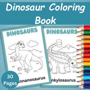 May include: Two dinosaur coloring books with the text "Dinosaur Coloring Book" at the top. The books feature dinosaur illustrations and the word "DINOSAURS". A set of colored pencils is on the right side. The book on the left says "30 Pages".