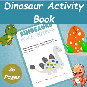 Może przedstawiać: Książka z ćwiczeniami dla dzieci z turkusowym tłem. Na okładce napis &bdquo;Dinosaur Activity Book&rdquo;. W środku strona instruuje dzieci, aby policzyły kolorowe kropki na ilustracji dinozaura. Książka ma 35 stron.