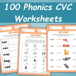 Könnte beinhalten: Drei orangefarbene CVC-Phonik-Arbeitsblätter mit dem Text "100 Phonics CVC Worksheets". Die Arbeitsblätter enthalten Lückentexte, Zuordnungsaktivitäten und Wortbildungsaufgaben. Die Arbeitsblätter sind für Anfänger konzipiert.