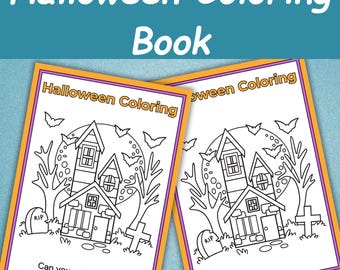 May include: Two Halloween coloring books with orange and purple borders. Each book features a haunted house illustration with bats, trees, and a full moon. The text "Halloween Coloring" is at the top, and "Can you color in this spooky picture?" is at the bottom.