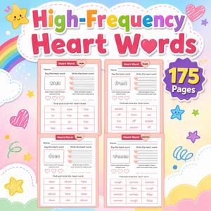 Op de afbeelding: Een kleurrijk educatief werkboek getiteld "High-Frequency Heart Words" met 175 pagina's. De omslag toont een regenboog, sterren en harten. Binnenin staan werkbladen om veelvoorkomende woorden te leren, zoals "was", "front", "does" en "women".