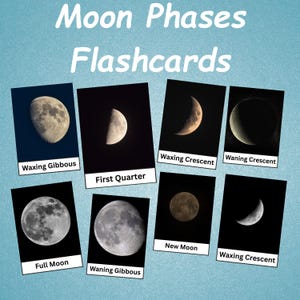 9 Moon Phases Flash Cards | Moon Flashcards For Kids | Toddler Flash Cards | Home Schooling Learning Material | Montessori Moon Phases Cards