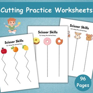 May include: A set of children's cutting practice worksheets. The worksheets feature illustrations of fruits, donuts, and animals with dotted lines for cutting practice. The text "Scissor Skills" and "Cutting Practice Worksheets" are visible.