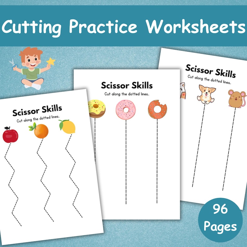 May include: A set of children's cutting practice worksheets. The worksheets feature illustrations of fruits, donuts, and animals with dotted lines for cutting practice. The text "Scissor Skills" and "Cutting Practice Worksheets" are visible.