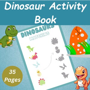 Może przedstawiać: Książka z aktywnościami dla dzieci zatytułowana "Dinosaur Activity Book" z białym tekstem na turkusowym tle. Książka zawiera ilustracje dinozaur&oacute;w i grę w dopasowywanie. Okładka wyświetla r&oacute;wnież "35 stron" w złotym okręgu.
