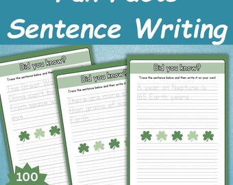 Könnte beinhalten: Drei grüne und weiße Arbeitsblätter mit dem Text "Fun Facts Sentence Writing". Jedes Arbeitsblatt enthält den Satz "Did you know?" und Schreibaufforderungen. Das Bild enthält auch den Text "100 Seiten."