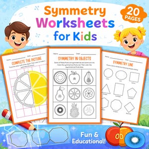 May include: Colorful educational worksheets for kids with the title "Symmetry Worksheets for Kids". The image shows three worksheets with different symmetry exercises, including completing pictures and identifying symmetrical objects. The image also includes the text "Fun & Educational!"
