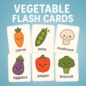 Puede incluir: Tarjetas didácticas de verduras con ilustraciones de zanahoria, guisantes, champiñones, berenjena, pimiento y brócoli. Cada tarjeta tiene el nombre de la verdura debajo. Fondo azul claro.