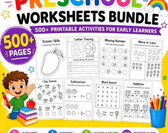 Preschool Worksheets Bundle | 500+ Printable Toddler Activities | Preschool, Kindergarten & Homeschool Learning | Instant Download PDF