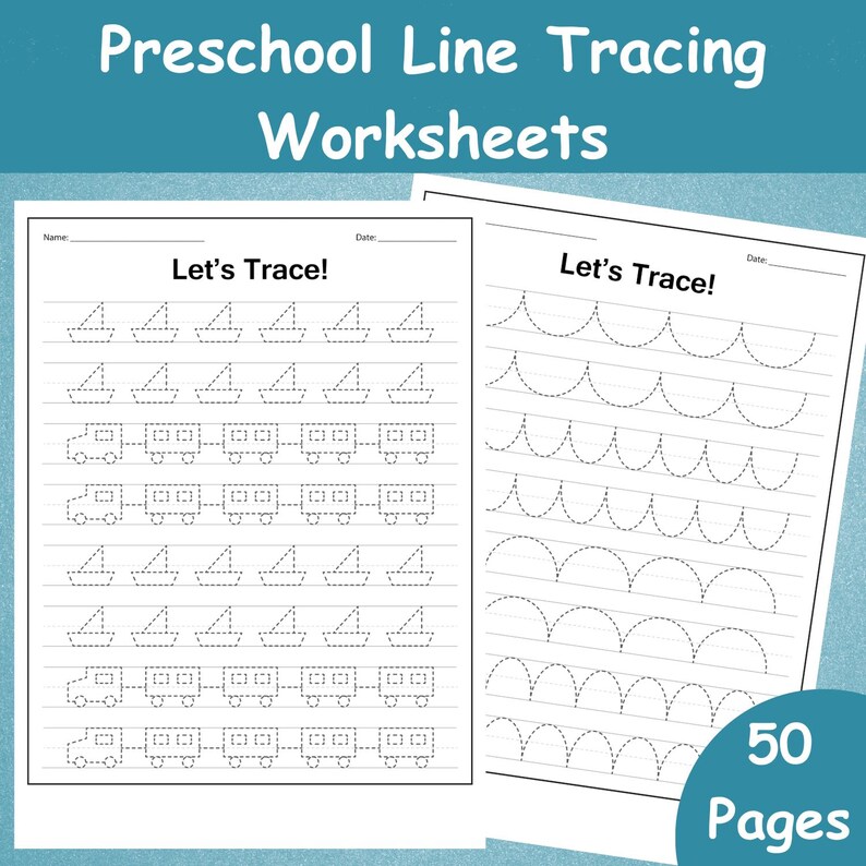 May include: Two white preschool line tracing worksheets with the text "Preschool Line Tracing Worksheets" at the top. The worksheets have dotted lines of boats, trains, and waves for tracing. The text "Let's Trace!" is at the top of each page. The image also includes a blue circle with the text "50 Pages".