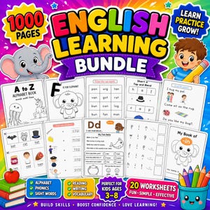 May include: An English learning bundle featuring 1000 pages of educational worksheets for kids ages 3-8. The colorful cover displays the text English Learning Bundle, Learn Practice Grow, and includes illustrations of an elephant and a child.