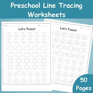 May include: Two white preschool line tracing worksheets with the text "Preschool Line Tracing Worksheets" and "Let's Trace!". The worksheets feature dotted lines of shapes like moons, clouds, suns, stars, houses, and cherries. The bottom right corner of the image says "50 Pages".