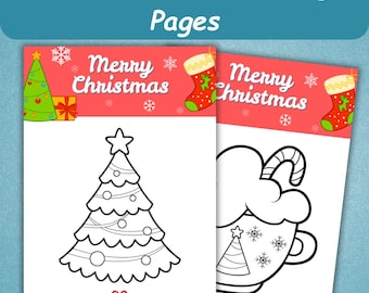 May include: Two Christmas coloring books with the text "50+ Christmas Coloring Pages". The covers feature a Christmas tree, a stocking, and the words "Merry Christmas". One coloring page shows a Christmas tree, and the other shows a mug with a candy cane.